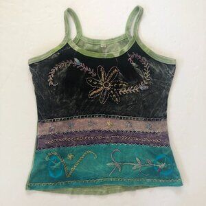 Vintage Y2K Cami Tank Top Tie Dye XL Floral Embroidery Boho Hippie Coachella